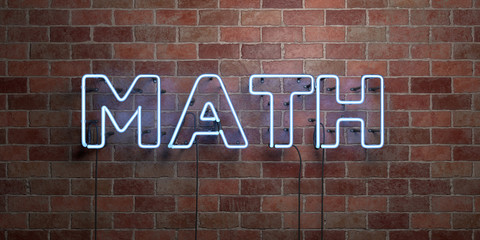 MATH - fluorescent Neon tube Sign on brickwork - Front view - 3D rendered royalty free stock picture. Can be used for online banner ads and direct mailers..