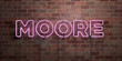 MOORE - fluorescent Neon tube Sign on brickwork - Front view - 3D rendered royalty free stock picture. Can be used for online banner ads and direct mailers..
