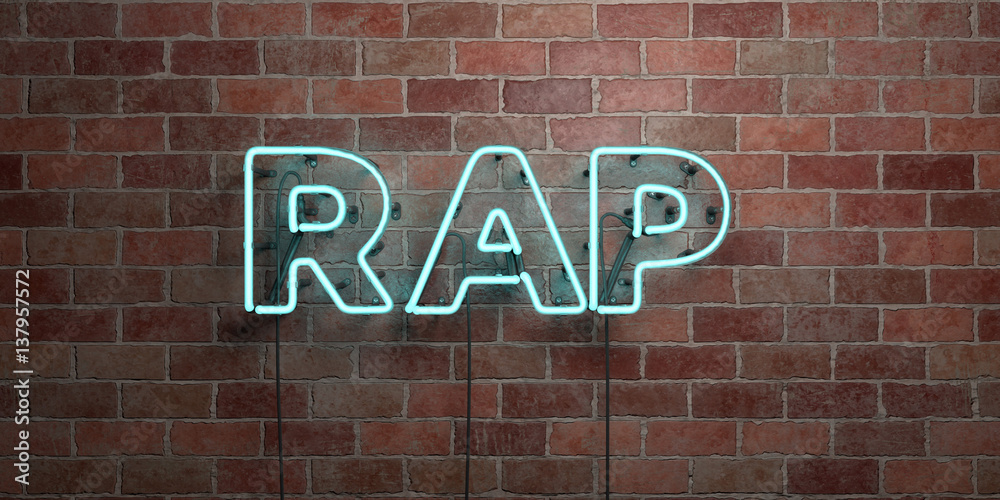RAP - fluorescent Neon tube Sign on brickwork - Front view - 3D rendered royalty free stock picture. Can be used for online banner ads and direct mailers.. - obrazy, fototapety, plakaty 
