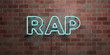 RAP - fluorescent Neon tube Sign on brickwork - Front view - 3D rendered royalty free stock picture. Can be used for online banner ads and direct mailers..