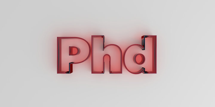 Phd - Red glass text on white background - 3D rendered royalty free stock image.