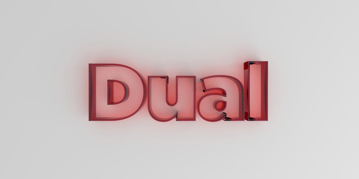 Dual - Red glass text on white background - 3D rendered royalty free stock image.
