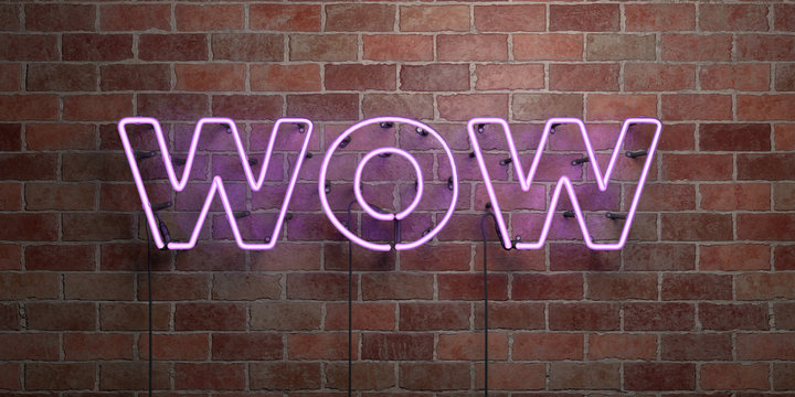 WOW - fluorescent Neon tube Sign on brickwork - Front view - 3D rendered royalty free stock picture. Can be used for online banner ads and direct mailers..