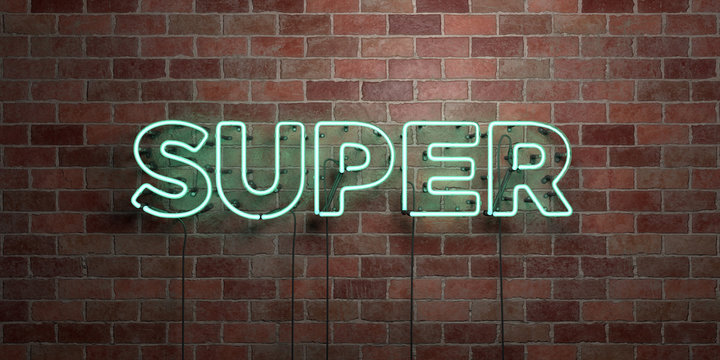 SUPER - fluorescent Neon tube Sign on brickwork - Front view - 3D rendered royalty free stock picture. Can be used for online banner ads and direct mailers..