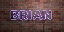 BRIAN - Fluorescent Neon Tube Sign On Brickwork - Front View - 3D Rendered Royalty Free Stock Picture. Can Be Used For Online Banner Ads And Direct Mailers..