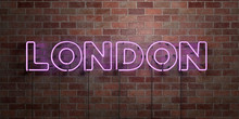 LONDON - Fluorescent Neon Tube Sign On Brickwork - Front View - 3D Rendered Royalty Free Stock Picture. Can Be Used For Online Banner Ads And Direct Mailers..
