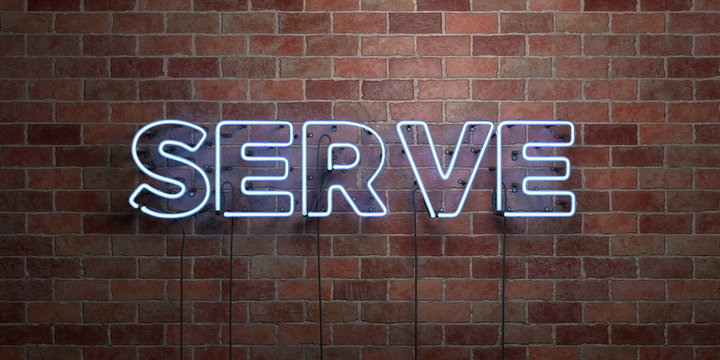 SERVE - fluorescent Neon tube Sign on brickwork - Front view - 3D rendered royalty free stock picture. Can be used for online banner ads and direct mailers..