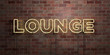 LOUNGE - fluorescent Neon tube Sign on brickwork - Front view - 3D rendered royalty free stock picture. Can be used for online banner ads and direct mailers..