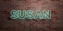 SUSAN - Fluorescent Neon Tube Sign On Brickwork - Front View - 3D Rendered Royalty Free Stock Picture. Can Be Used For Online Banner Ads And Direct Mailers..