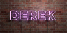 DEREK - Fluorescent Neon Tube Sign On Brickwork - Front View - 3D Rendered Royalty Free Stock Picture. Can Be Used For Online Banner Ads And Direct Mailers..
