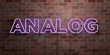 ANALOG - fluorescent Neon tube Sign on brickwork - Front view - 3D rendered royalty free stock picture. Can be used for online banner ads and direct mailers..