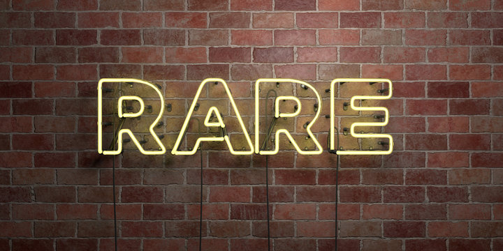 RARE - fluorescent Neon tube Sign on brickwork - Front view - 3D rendered royalty free stock picture. Can be used for online banner ads and direct mailers..