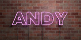 ANDY - fluorescent Neon tube Sign on brickwork - Front view - 3D rendered royalty free stock picture. Can be used for online banner ads and direct mailers..