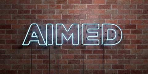 AIMED - fluorescent Neon tube Sign on brickwork - Front view - 3D rendered royalty free stock picture. Can be used for online banner ads and direct mailers..