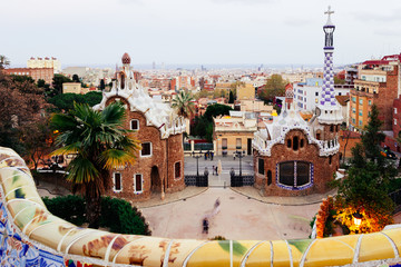 Barcelona, Spain. Park Guell and cityscape at sunset