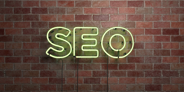 SEO - fluorescent Neon tube Sign on brickwork - Front view - 3D rendered royalty free stock picture. Can be used for online banner ads and direct mailers..