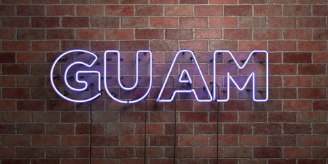Fototapete - GUAM - fluorescent Neon tube Sign on brickwork - Front view - 3D rendered royalty free stock picture. Can be used for online banner ads and direct mailers..