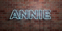 ANNIE - Fluorescent Neon Tube Sign On Brickwork - Front View - 3D Rendered Royalty Free Stock Picture. Can Be Used For Online Banner Ads And Direct Mailers..
