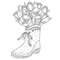 Vector bouquet with outline tulips flower in the rubber boot with bow isolated on white background. Ornate floral elements in contour style with tulip and gumboot for spring design or coloring book.