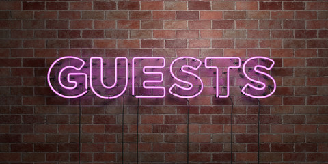 Fototapete - GUESTS - fluorescent Neon tube Sign on brickwork - Front view - 3D rendered royalty free stock picture. Can be used for online banner ads and direct mailers..