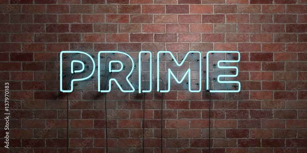 PRIME - fluorescent Neon tube Sign on brickwork - Front view - 3D rendered royalty free stock picture. Can be used for online banner ads and direct mailers.. - obrazy, fototapety, plakaty 