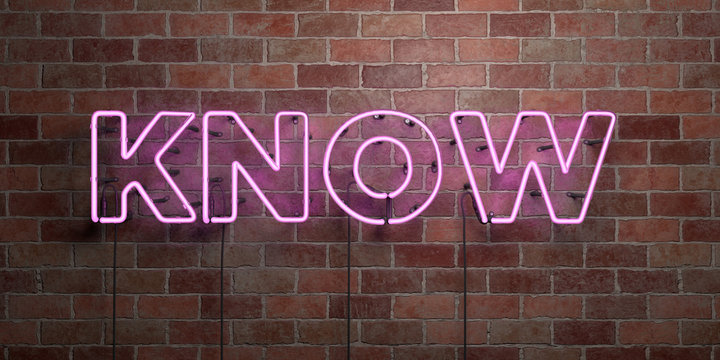 KNOW - fluorescent Neon tube Sign on brickwork - Front view - 3D rendered royalty free stock picture. Can be used for online banner ads and direct mailers..