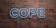 COPE - fluorescent Neon tube Sign on brickwork - Front view - 3D rendered royalty free stock picture. Can be used for online banner ads and direct mailers..