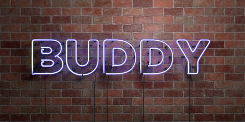 Fototapete - BUDDY - fluorescent Neon tube Sign on brickwork - Front view - 3D rendered royalty free stock picture. Can be used for online banner ads and direct mailers..