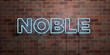 NOBLE - fluorescent Neon tube Sign on brickwork - Front view - 3D rendered royalty free stock picture. Can be used for online banner ads and direct mailers..