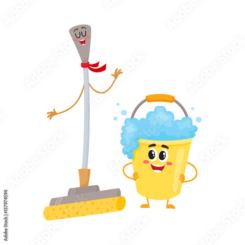 Funny sponge mop and soap foam bucket characters with smiling human