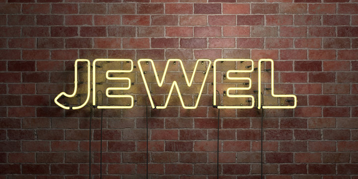 JEWEL - fluorescent Neon tube Sign on brickwork - Front view - 3D rendered royalty free stock picture. Can be used for online banner ads and direct mailers..