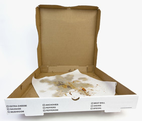 Wall Mural - Empty pizza box with greasy wax paper. Isolated.