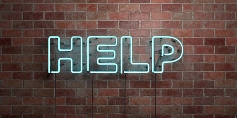 Fototapete - HELP - fluorescent Neon tube Sign on brickwork - Front view - 3D rendered royalty free stock picture. Can be used for online banner ads and direct mailers..