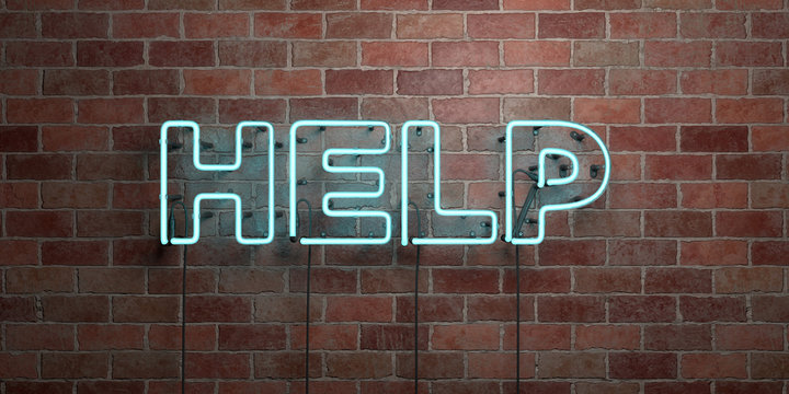HELP - fluorescent Neon tube Sign on brickwork - Front view - 3D rendered royalty free stock picture. Can be used for online banner ads and direct mailers..