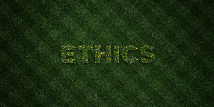ETHICS - fresh Grass letters with flowers and dandelions - 3D rendered royalty free stock image. Can be used for online banner ads and direct mailers..