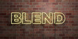 canvas print picture - BLEND - fluorescent Neon tube Sign on brickwork - Front view - 3D rendered royalty free stock picture. Can be used for online banner ads and direct mailers..