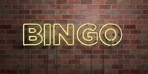 Poster - BINGO - fluorescent Neon tube Sign on brickwork - Front view - 3D rendered royalty free stock picture. Can be used for online banner ads and direct mailers..