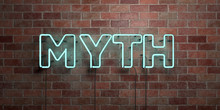MYTH - Fluorescent Neon Tube Sign On Brickwork - Front View - 3D Rendered Royalty Free Stock Picture. Can Be Used For Online Banner Ads And Direct Mailers..