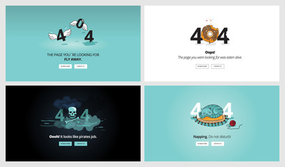 Set of flat design 404 error page templates. Vector concept illustrations of page not found for website design and development.