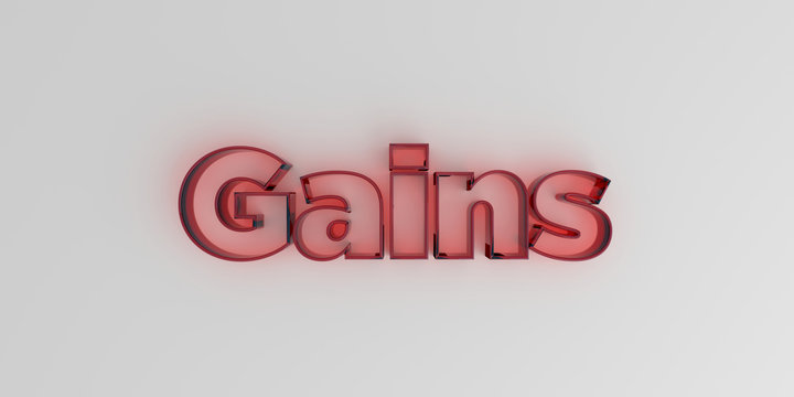 Gains - Red glass text on white background - 3D rendered royalty free stock image.