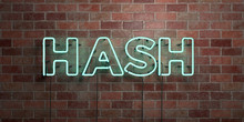 HASH - Fluorescent Neon Tube Sign On Brickwork - Front View - 3D Rendered Royalty Free Stock Picture. Can Be Used For Online Banner Ads And Direct Mailers..