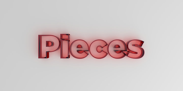 Pieces - Red glass text on white background - 3D rendered royalty free stock image.