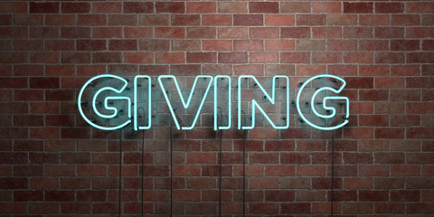 Fototapete - GIVING - fluorescent Neon tube Sign on brickwork - Front view - 3D rendered royalty free stock picture. Can be used for online banner ads and direct mailers..
