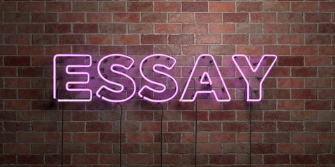 Fototapete - ESSAY - fluorescent Neon tube Sign on brickwork - Front view - 3D rendered royalty free stock picture. Can be used for online banner ads and direct mailers..