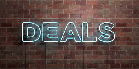 Wall Mural - deals - fluorescent neon tube sign on brickwork - front view - 3d rendered royalty free stock pictur