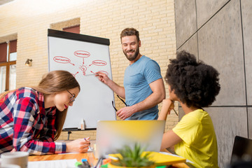 Wall Mural - Multi ethnic coworkers dressed casually in colorful clothes having discussion at the working place with whiteboard