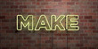 MAKE - fluorescent Neon tube Sign on brickwork - Front view - 3D rendered royalty free stock picture. Can be used for online banner ads and direct mailers..
