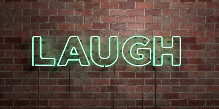 LAUGH - fluorescent Neon tube Sign on brickwork - Front view - 3D rendered royalty free stock picture. Can be used for online banner ads and direct mailers..