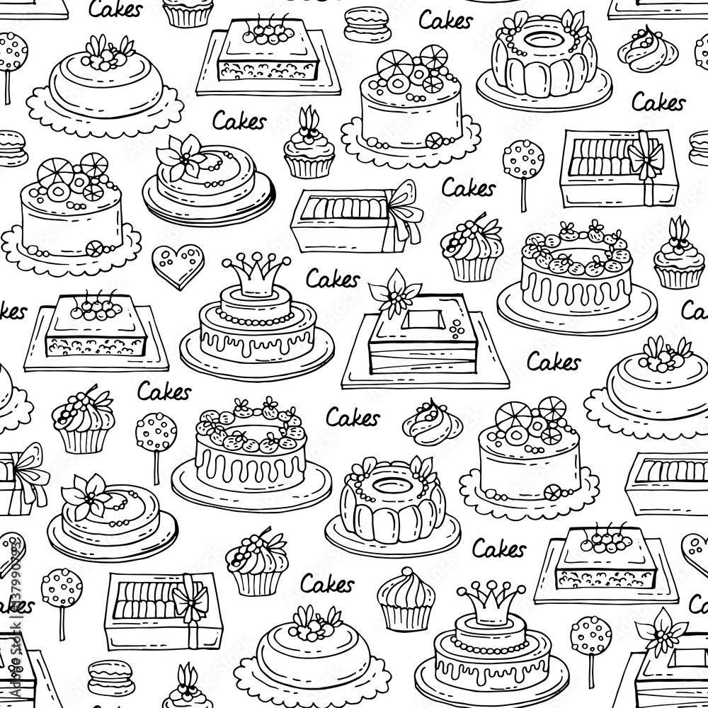 Cake Color Pattern Vector seamless pattern with hand drawn cakes on white color. Pattern ...