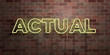 ACTUAL - fluorescent Neon tube Sign on brickwork - Front view - 3D rendered royalty free stock picture. Can be used for online banner ads and direct mailers..